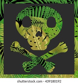 Skull with tropical leaf background in frame