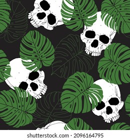 création de feuilles et de crânes tropicaux - motif de répétition vectorielle harmonieux, l'utiliser pour l'emballage, le tissu, l'emballage et d'autres projets d'impression et de conception