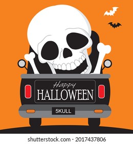 Skull in the truck for halloween greeting card