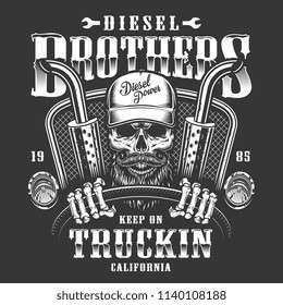 Skull trucker print on t-shirt. Vector illustration