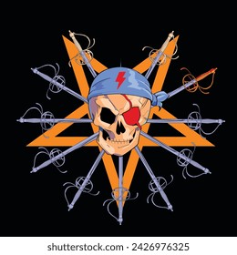 Skull t-shirt design with a demonic star and a set of Renaissance swords on a black background