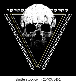 skull t-shirt design inside a triangle and geometric ornaments. vector illustration for devilish posters.