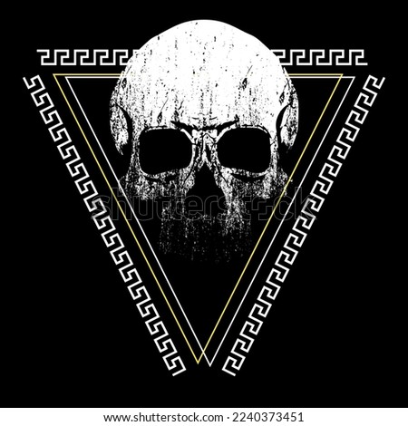 skull t-shirt design inside a triangle and geometric ornaments. vector illustration for devilish posters.