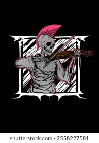 skull t-shirt design with punk hair playing the violin