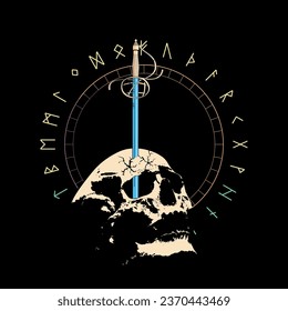 Diseño de camisetas de cráneo con espada en diseño circular. Alfabeto rúdico.