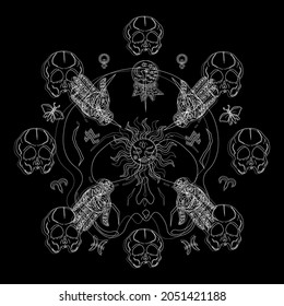 Skull t-shirt design with white and black style. Clothing, apparel. Metal, rock and roll. Clothing, apparel. 