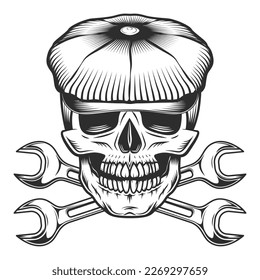 Skull in the tweed hat flat cap with crossed construction wrench or mechanic repair spanner vector vintage illustration