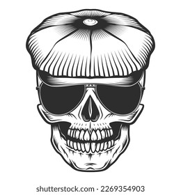 Skull in the tweed hat flat cap with sunglasses vintage vector illustration