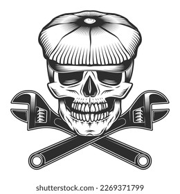 Skull in the tweed hat flat cap with crossed plumbing adjustable wrench construction or mechanic repair spanner vintage vector illustration