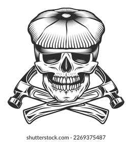 Calavera en el sombrero de gorro plano con martillo de construcción cruzado con ilustración vintage del vector de la uña