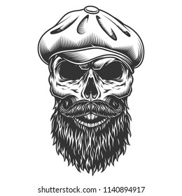 Skull in the tweed hat. vector vintage illustration