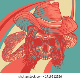 skull twisted by a snake with hat vector