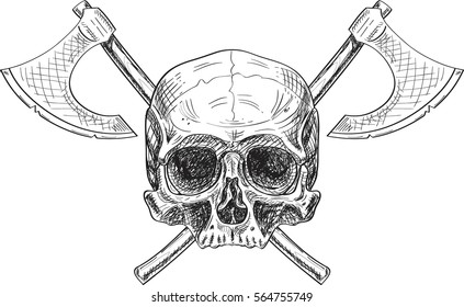 Skull and two axes isolated on white