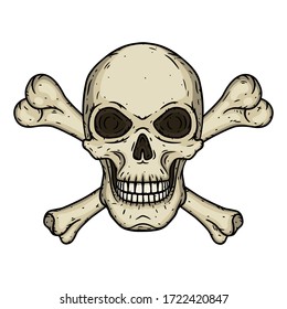 Skull with two crossed bones isolated on white background. Vector illustration in hand drawn style 