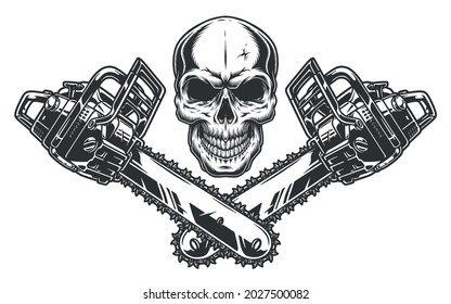 Skull and two crossed chainsaws in monochrome vintage style isolated vector illustration