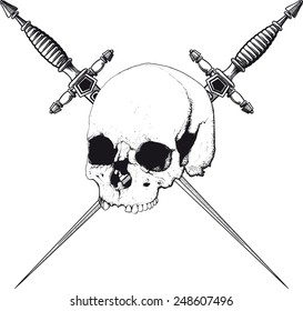 skull with two crossed daggers on white background