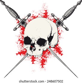 skull with two crossed daggers on white and red background