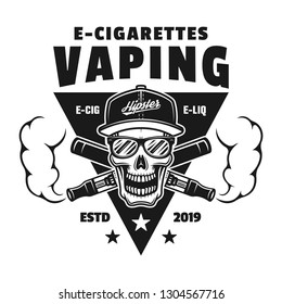 Skull and two crossed electronic cigarettes vector monochrome emblem, badge, label or logo isolated on white background