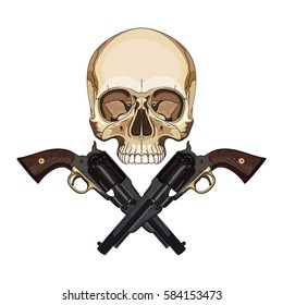 Skull and two crossed gun, isolated on white, vector illustration, eps-10