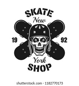 Skull and two crossed skateboards vector emblem in vintage monochrome style for skate shop isolated on white background