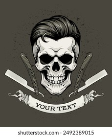 A Skull with two crossed straight razors. Barbershop emblem template in vintage style. Stock vector illustration. Good for t-shirt.