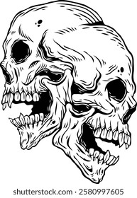 Skull with two faces series 3. Vector illustration. Monochrome hand drawn style