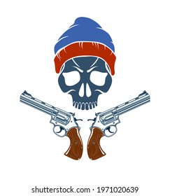 Skull and two handguns vector emblem or logo isolated on white, vintage style coat of arms crest, weapons, army force or gang sign.