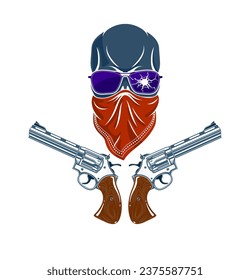 Emblema vectorial o logotipo de cráneo y dos pistolas aisladas en escudos de armas, armas, fuerza militar o señas de pandillas blancos, de estilo vintage.