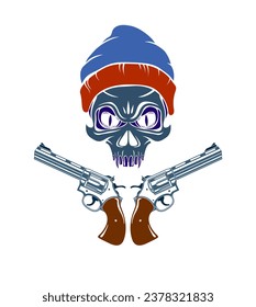 Skull and two handguns vector emblem or logo isolated on white, vintage style coat of arms crest, weapons, army force or gang sign.