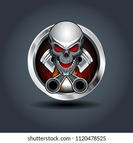 Skull and two pistons, steely rounded badge icon. For Ui/Game.