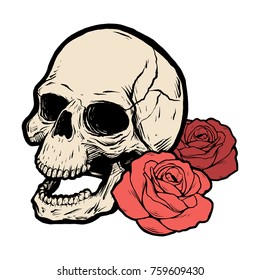Skull with two red roses. Vector illustration