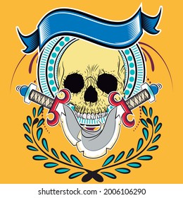 skull with two sables and blue ribbon with background