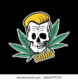 Cráneo dos caras de sonrisa con hojas de cannabis Vector
