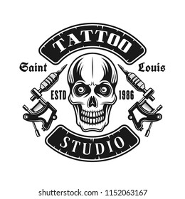 Skull and two tattoo electric machines vector emblem in vintage monochrome style isolated on white background