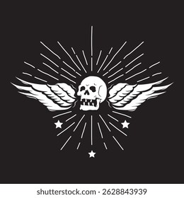 skull and two wings vector design front view with ray effect and three white stars and black background. suitable for icon, symbol, graphic clothing needs or element design