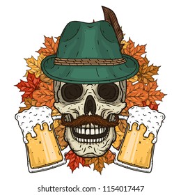 Skull in Tyrolean hat, with autumn leaves and glasses of beer. Illustration for october fest or bar design