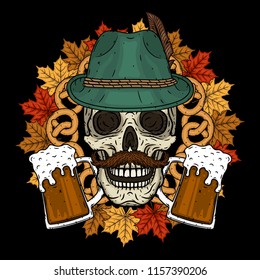Skull in Tyrolean hat, with autumn leaves, pretzels and glasses of beer. Illustration for october fest or bar design