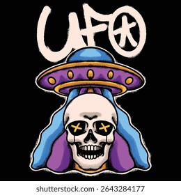 Skull with UFO for streetwear illustration