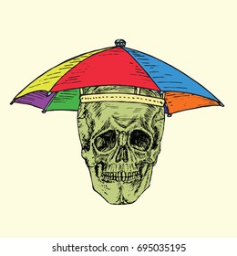 Skull in umbrella hat of all colors of rainbow, hand drawn doodle, sketch in woodcut style, vector illustration