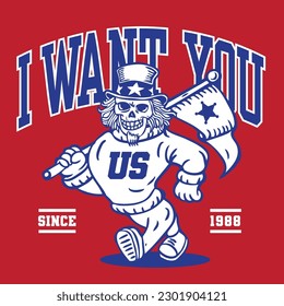 Skull Uncle Sam Mascot Character Design in Sport Vintage Athletic Style Vector Design