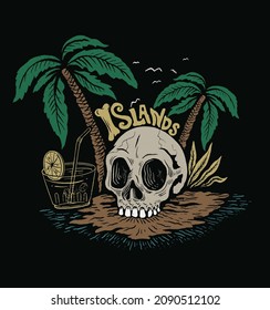 skull under palm trees.  .island and cocktail .Tropical skull t shirt illustration design 