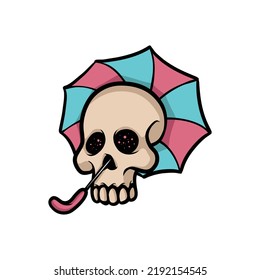 Skull under an umbrella cartoon vector illustration