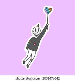 Skull unicorn fly with rainbow heart balloon. LGBTQ concept illustration. Vector graphics for t-shirt prints and other uses.