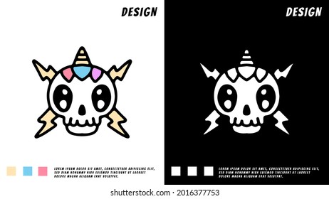 Skull Unicorn Head With Bolt Cartoon. Illustration For T Shirt, Poster, Logo, Sticker, Or Apparel Merchandise.