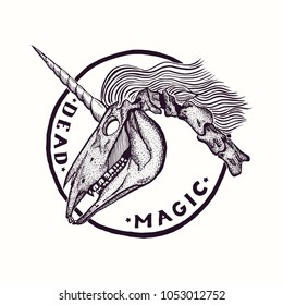 Skull of the Unicorn ink-drawn and text dead magic. Vector illustration of old school style