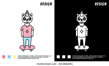 skull unicorn rides on skateboard. illustration for t shirt, poster, logo, sticker, or apparel merchandise.