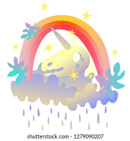 
The skull of a unicorn soars in the clouds. Leaves of an exotic plant on a rainbow, stars, raindrops.