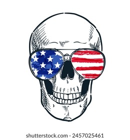 Skull in USA Flagge Gläser Hand gezeichnete Aquarell Skizze Illustration isoliert auf weißem Hintergrund. Festliche Musik-Grafikdruck, Banner, Poster, Grußkarten-Designelement