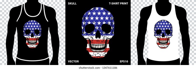 Skull. Skull with USA flag. Vector illustration for printing on t-shirts, stickers, posters and more.