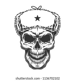 Skull in the ushanka hat. Vector vintage illustration